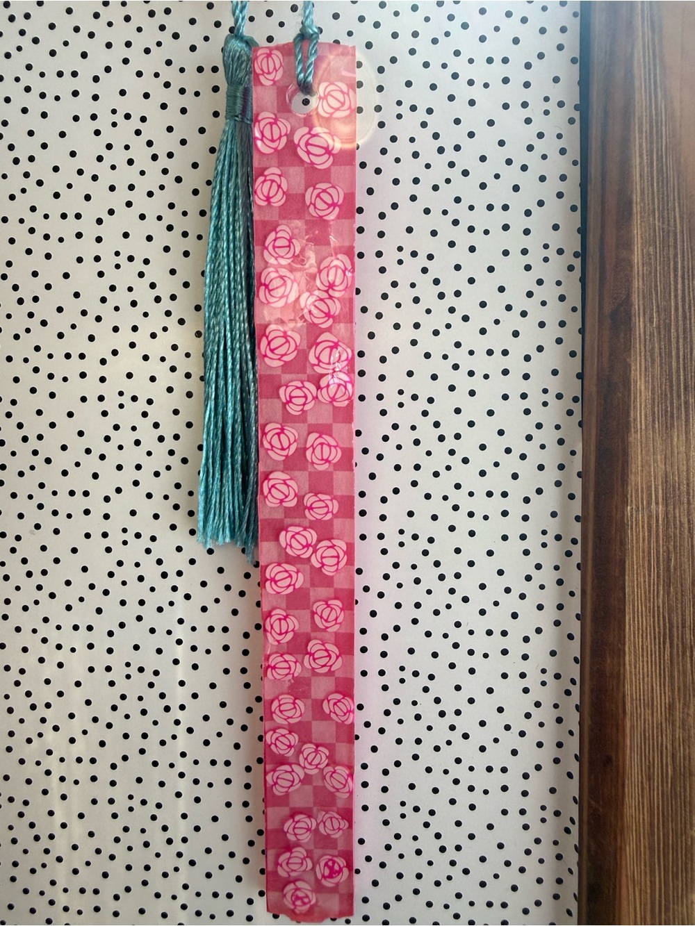 Pink Floral Checkered Ribbon Bookmark with Teal Tassel